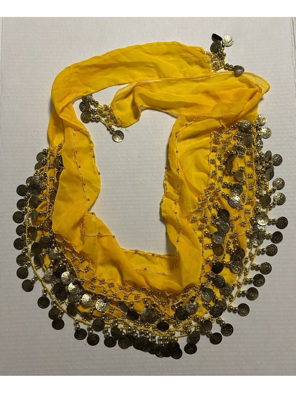 Yellow Belly Dance Hip Scarf Belt Silver-Tone Coins Beads Chiffon Costume Wrap